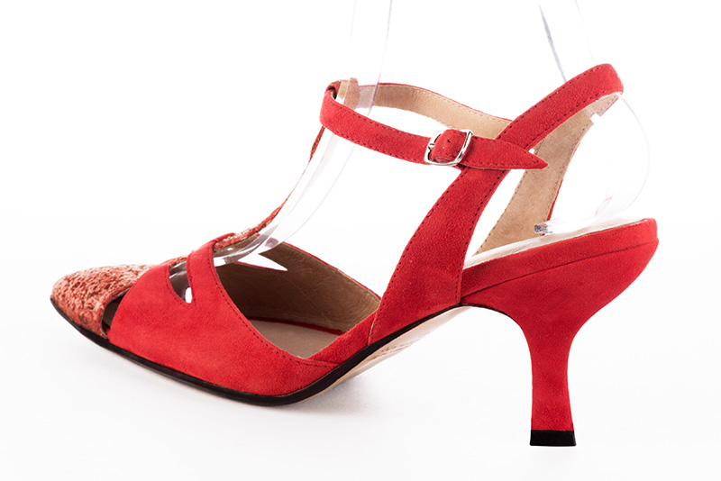 Scarlet red women's open back T-strap shoes. Tapered toe. High spool heels. Rear view - Florence KOOIJMAN